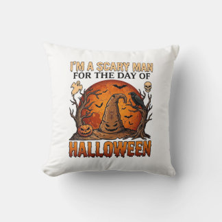 Scary Man Halloween Witch Hat Blood Moon Pumpkin_1 Throw Pillow