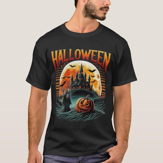 Scary Moonlit Haunted Castle Grim Reaper Halloween T-Shirt (Front)