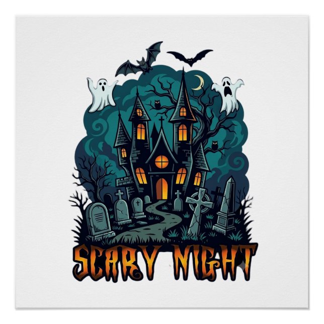 Scary Night Haunted House Ghosts Cemetery Poster (Front)