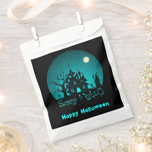 Scary Night Haunted House Green Happy Halloween Favour Bag (Clipped)