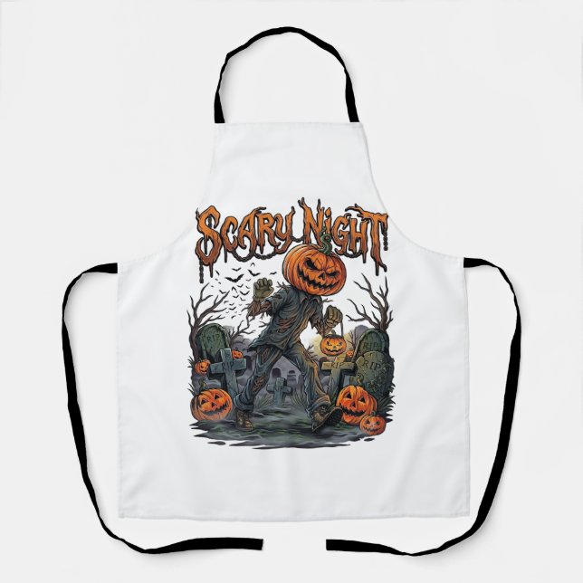 Scary Night Pumpkin Head Monster Lantern Graveyard Apron (Front)