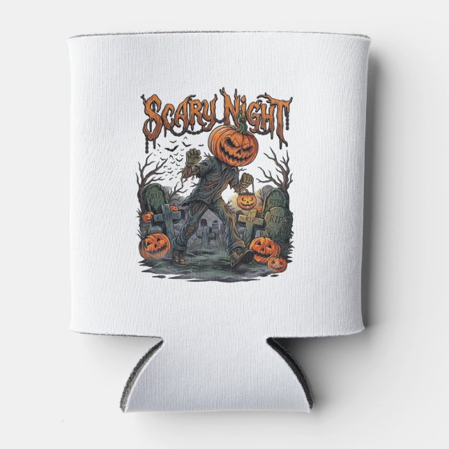 Scary Night Pumpkin Head Monster Lantern Graveyard Can Cooler (Front)