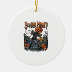 Scary Night Pumpkin Head Monster Lantern Graveyard Ceramic Ornament