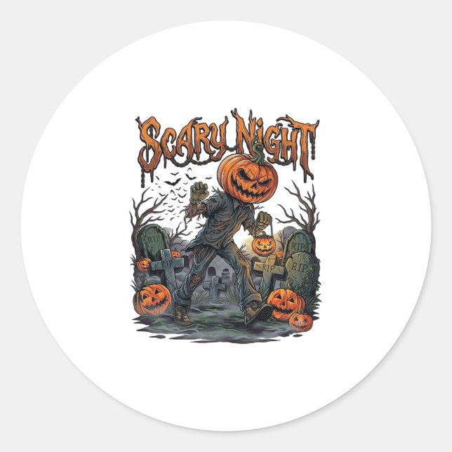 Scary Night Pumpkin Head Monster Lantern Graveyard Classic Round Sticker (Front)
