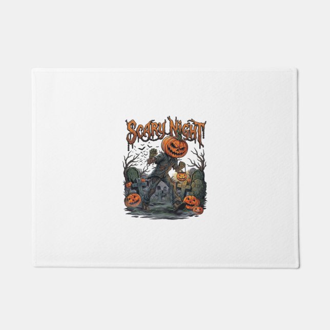 Scary Night Pumpkin Head Monster Lantern Graveyard Doormat (Front)