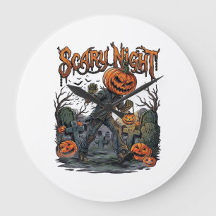 Scary Night Pumpkin Head Monster Lantern Graveyard Large Clock