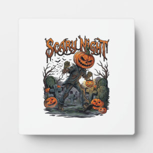 Scary Night Pumpkin Head Monster Lantern Graveyard Plaque