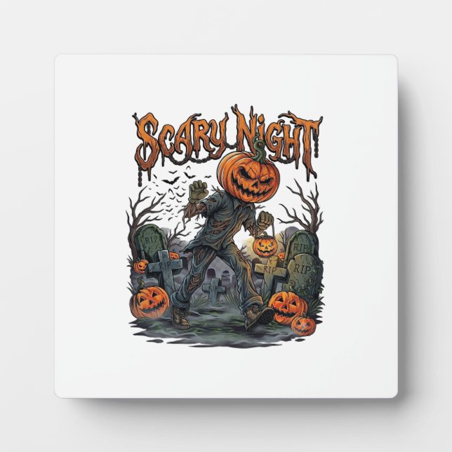 Scary Night Pumpkin Head Monster Lantern Graveyard Plaque (Front)