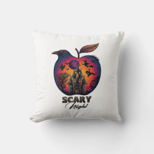 Scary Night Raven Apple Spooky Haunted Castle Hall Throw Pillow
