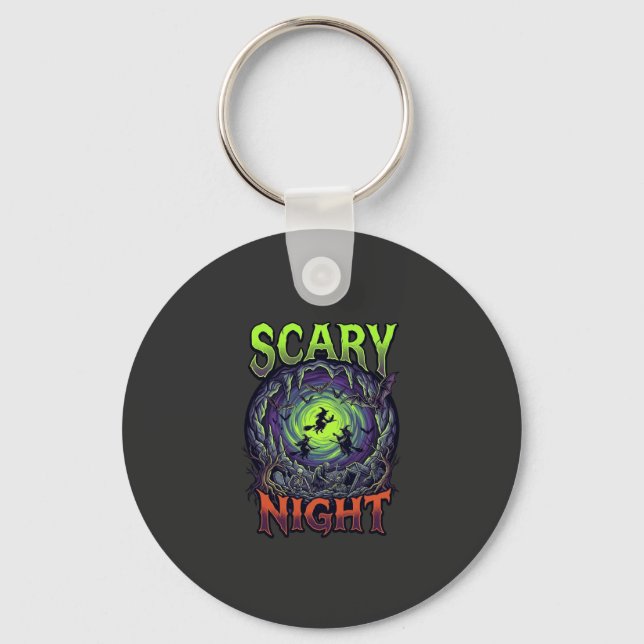 Scary Night Witches Bat Cave Neon Vortex Skeletons Keychain (Front)