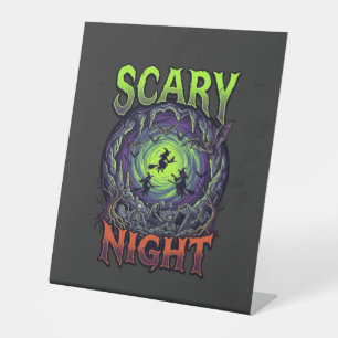 Scary Night Witches Bat Cave Neon Vortex Skeletons Pedestal Sign