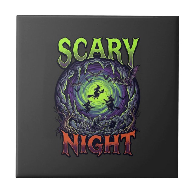 Scary Night Witches Bat Cave Neon Vortex Skeletons Tile (Front)