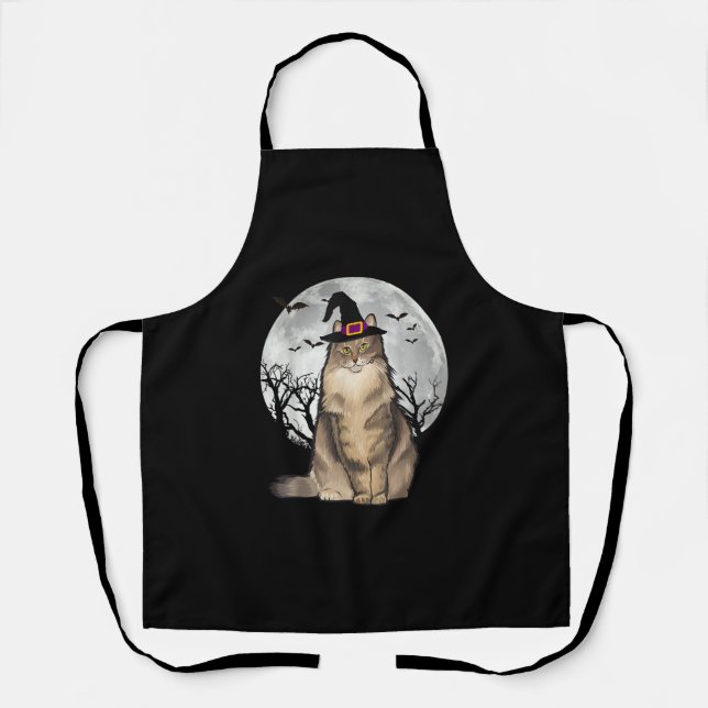 Scary Norwegian Forest Cat Witch Hat Halloween Apron (Front)