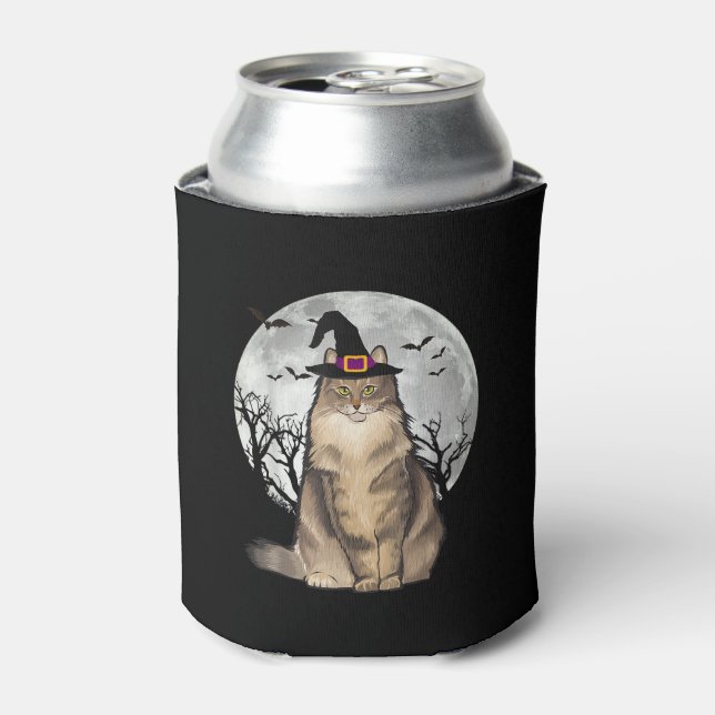 Scary Norwegian Forest Cat Witch Hat Halloween Can Cooler (Can Front)
