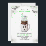 Scary One Green Ghost Milkshake 1st Birthday Invitation<br><div class="desc">Scary One ghost 1st birthday party theme featuring watercolor illustration of a halloween themed mason jar ghost milkshake topped with green sprinkles,  bat,  and "1" candle topper with green straw.  Border features grey watercolor designs,  green confetti,  and bats.</div>