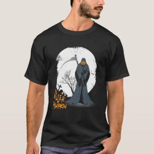 Scary Pumpkin Face Jack O' Lantern Grim Reaper Hal T-Shirt