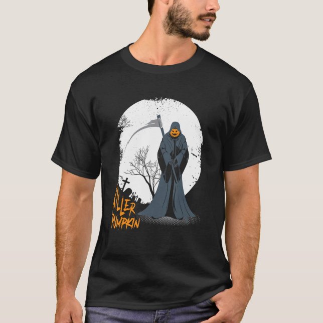 Scary Pumpkin Face Jack O' Lantern Grim Reaper Hal T-Shirt (Front)