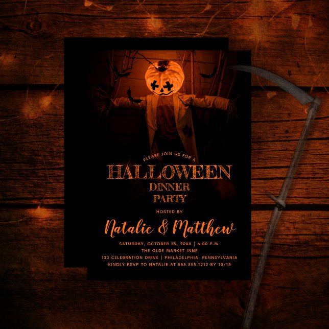 Scary Pumpkin Halloween Dinner Party Invitation (Creepy barn scene pumpkin scarecrow adult Halloween Dinner Party Invitation)