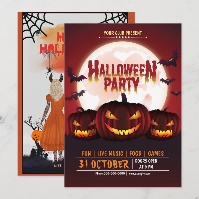 Scary Pumpkin Jack o lantern Halloween Party Invitation (Front/Back)