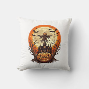 Scary Pumpkin Scarecrow Haunted House Full Moon Ha Throw Pillow