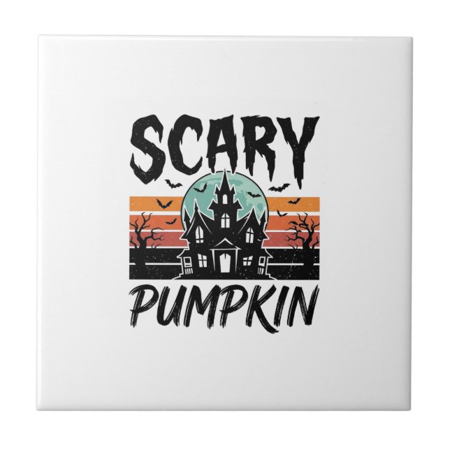 Scary Pumpkin Vintage Haunted House Halloween Desi Tile (Front)