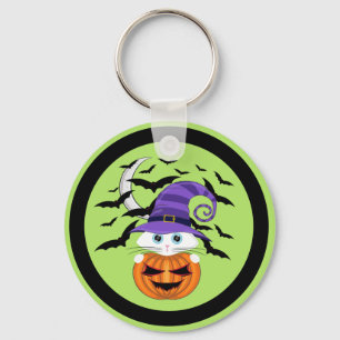 Scary Pumpkin with a White Kitty and Witches Ha Keychain