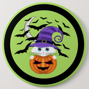 Scary Pumpkin with a White Kitty and Witches Hat 6 Inch Round Button
