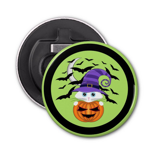 Scary Pumpkin with a White Kitty and Witches Hat Bottle Opener (Front)