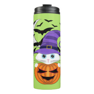 Scary Pumpkin with a White Kitty and Witches Hat  Thermal Tumbler