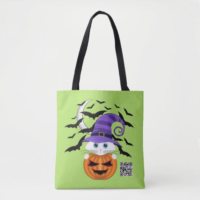 Scary Pumpkin with a White Kitty and Witches Hat  Tote Bag (Front)