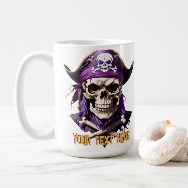 Scary Purple Pirate Skull and Crossbones Coffee Mug (With Donut)