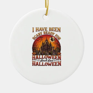 Scary Ready Halloween Haunted Castle Witch Pumpkin Ceramic Ornament
