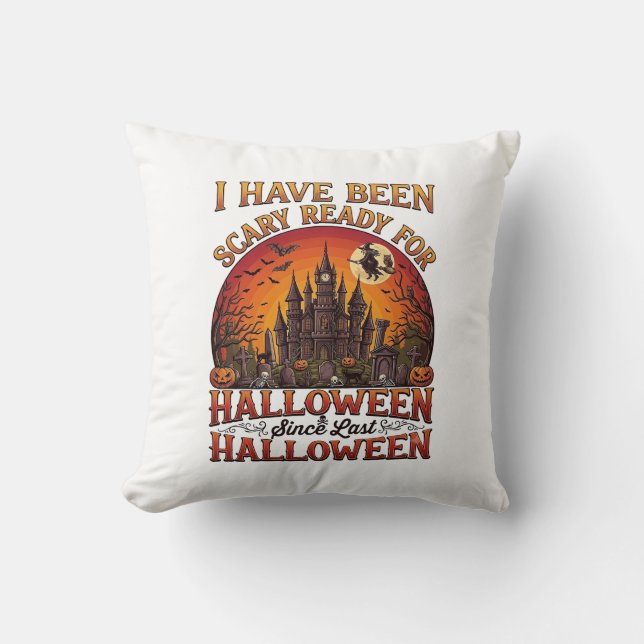 Scary Ready Halloween Haunted Castle Witch Pumpkin Throw Pillow (Front)