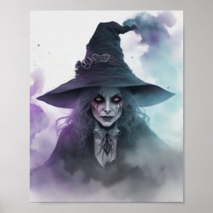 Scary Realistic Witch Watercolor Fog Halloween Poster