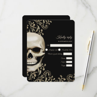Scary red floral dark gothic skull hallowedding RSVP card