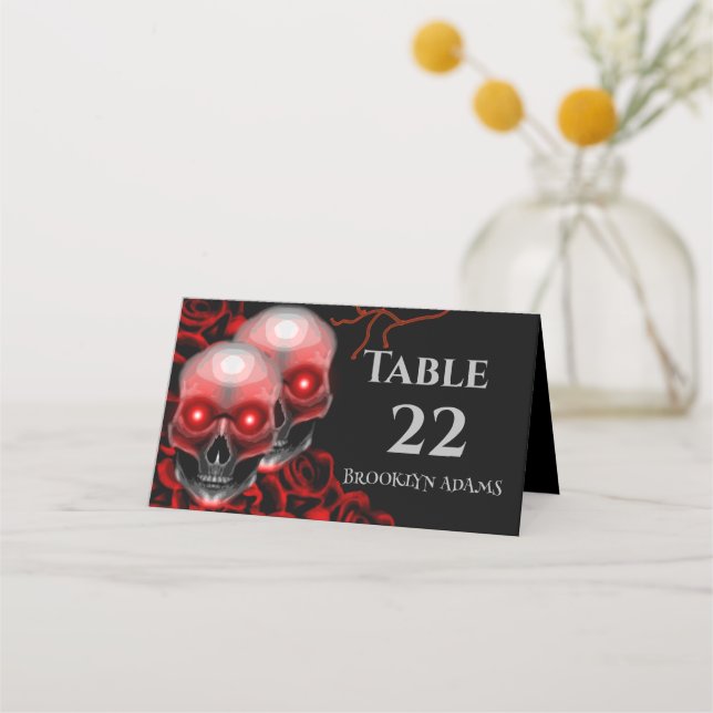 Scary Red floral dark moody gothic skull Halloween Place Card (Front)