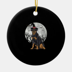Scary Rottweiler Dog Witch Hat Halloween Ceramic Ornament