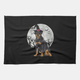 Scary Rottweiler Dog Witch Hat Halloween Kitchen Towel