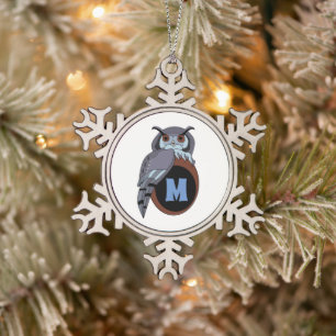Scary Scop Owl Monogram Snowflake Pewter Christmas Ornament