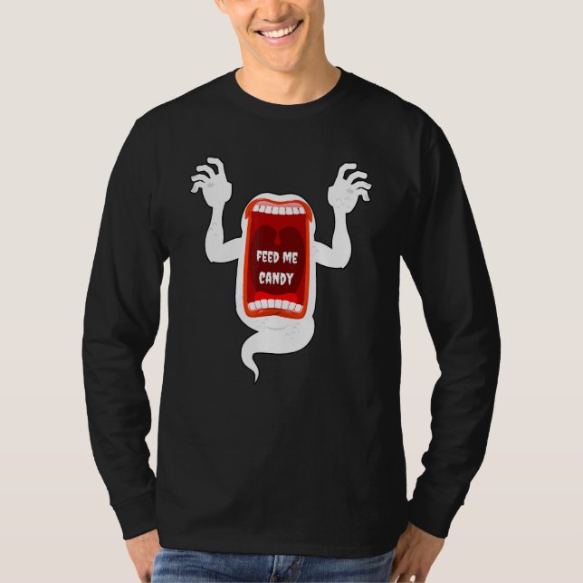 Scary Screaming Ghost Shouting Feed Me Candy For H T-Shirt (Front)