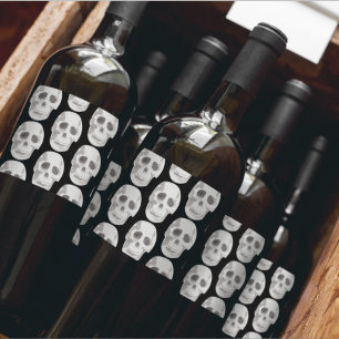 Scary Scull Black & White Pattern Happy Halloween Wine Label