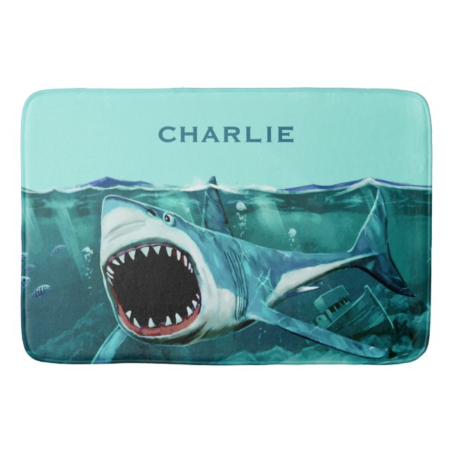Scary Shark custom name bath mat (Front)