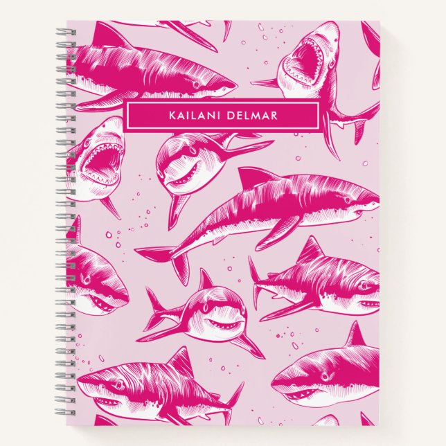 Scary Shark Pattern Name Pink Kids Notebook (Front)