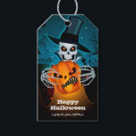 Scary Skeleton Halloween Favour Gift Tags<br><div class="desc">A spooky skeleton in a hop hat holds a scary jack o' lantern on a dark Halloween night on these Halloween party favour gift tags. MATCHING items in our store.</div>