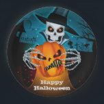 Scary Skeleton Halloween Paper Plate<br><div class="desc">A spooky skeleton in a hop hat holds a scary jack o' lantern on a dark Halloween night on these Halloween party paper plates. MATCHING items in our store.</div>