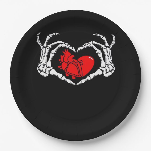 Scary Skeleton Hands And Red Heart Creepy Spooky V Paper Plate (Front)