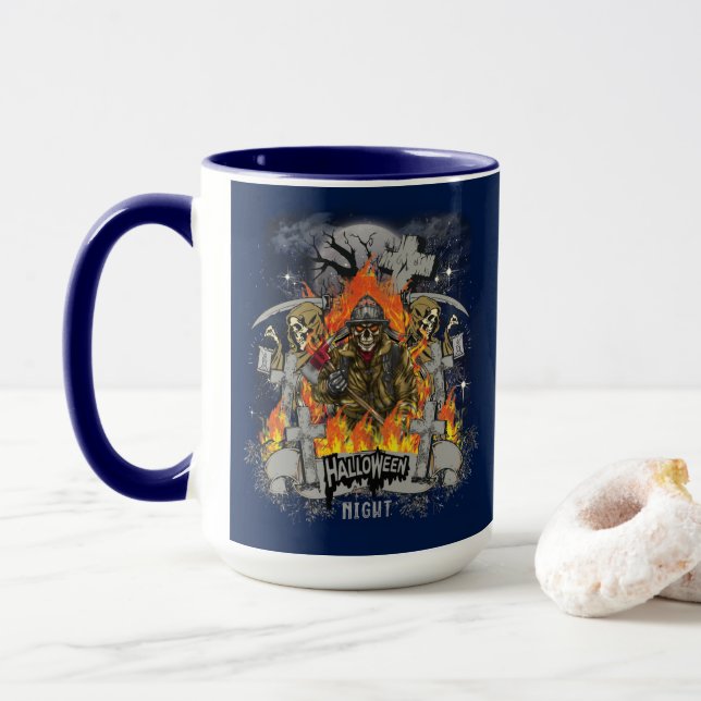 Scary Skeleton In Night Halloween Mug (With Donut)