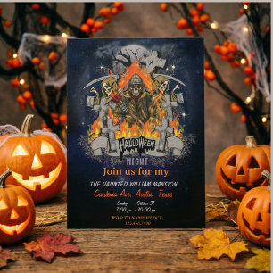 Scary Skeleton In Night Halloween Party Invitation