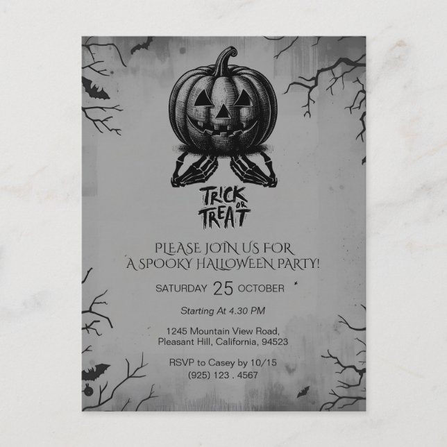 Scary Skeleton Pumpkin Trick or Treat Spooky Party Postcard (Front)