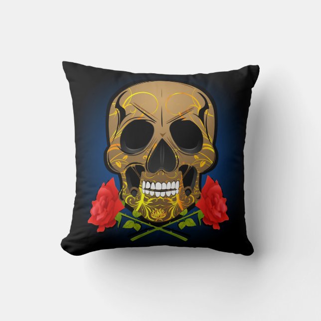 Scary skull and roses pillow. throw pillow (Front)